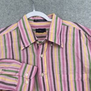 GANT Linen Shirt Mens L Key West Green Pink Striped Long Sleeve Beach Top Euc